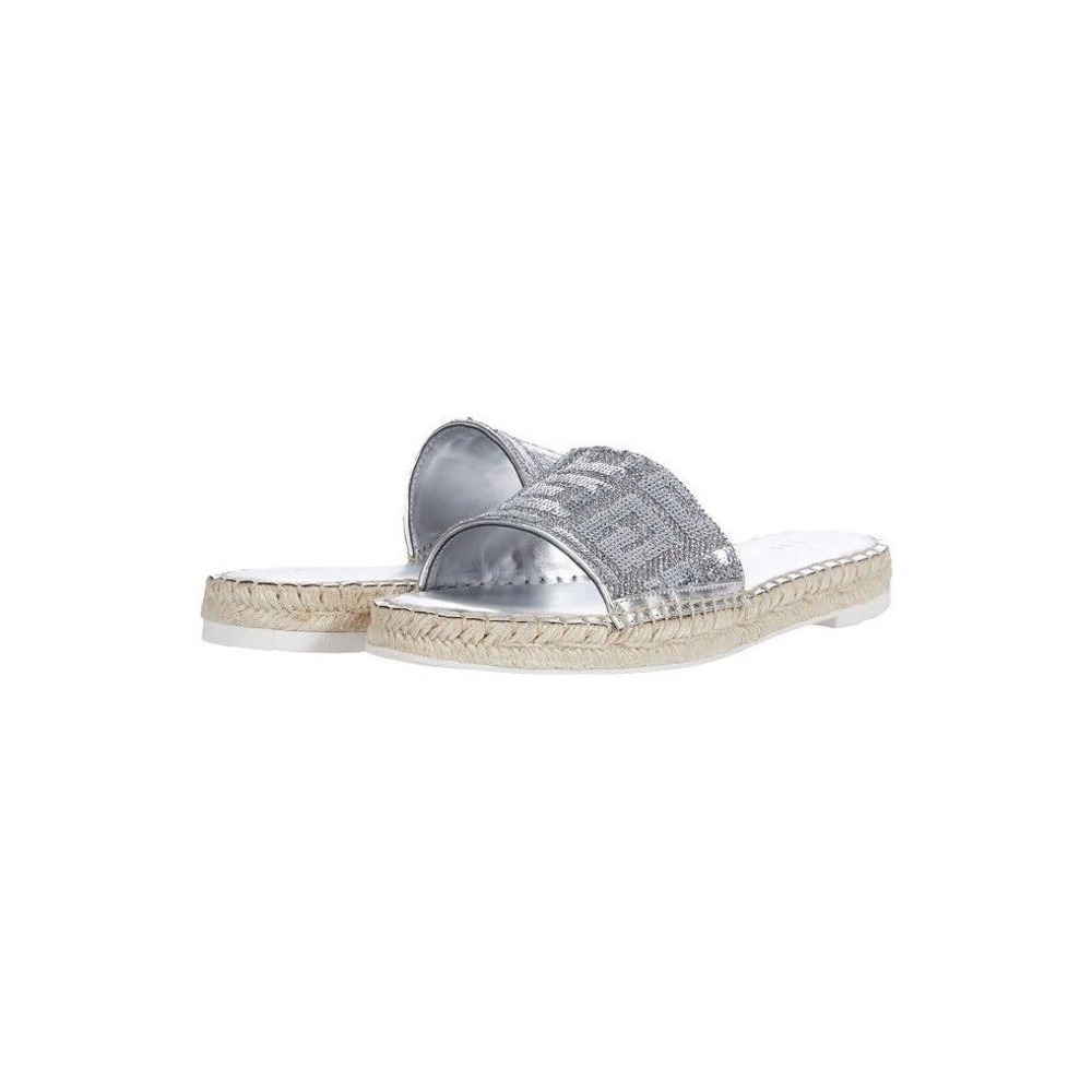 Guess Silver Sequin Espadrille Slide Sandals Womens 9M‎ Metallic Logo Flat Shoes